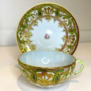 Antique Nippon 6 Sets of Teacups and Saucers Hand Painted Moriage Style Gold